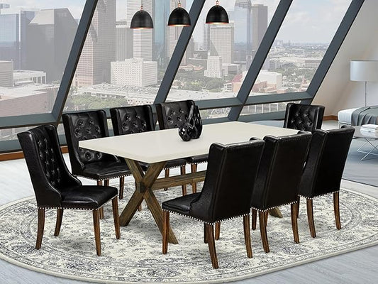 East West Furniture X727FO749-9 9 Piece Dining Room Furniture Set Includes a Rectangle Dining Table with X-Legs and 8 Black Faux Leather Parsons Chairs, 40x72 Inch, Multi-Color