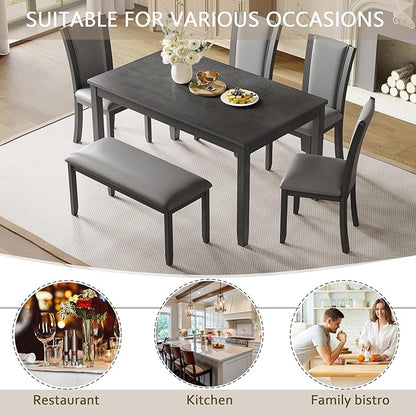 Ball & Cast 6 Piece Dining Table Set with 4 Upholstered Chairs & 1 Bench,Farmhouse Wooden Living Room Furniture for 6 W/ 58.5" Rectangle Kitchen Desk,for Restaurant,Home Bistro,Dining Room,Gray