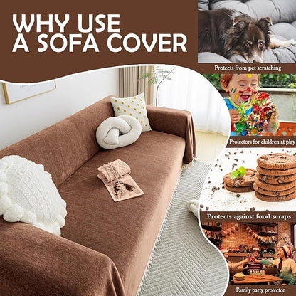 HANDONTIME Boho Style Sofa Cover with Tassels, Washable & Non-Slip Couch Cover for 3 Cushion Sofa, Herringbone Pattern Pet-Friendly Sofa Slipcover, Chocolate Color, 71"x134", Living Room Decor