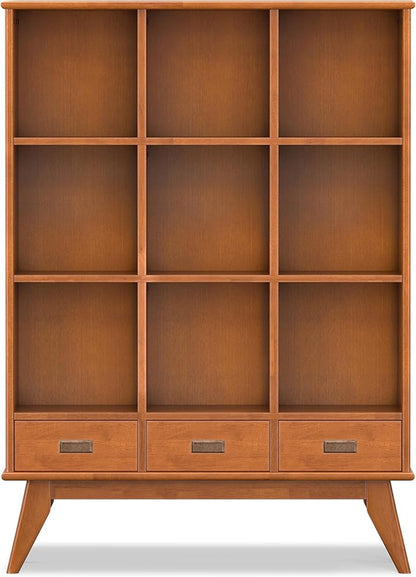 SIMPLIHOME Draper Bookcase - 58 inch Tall 9-Cube Solid Hardwood Cube Organizer with Drawers in Teak Brown, Mid-Century Storage for Living Room, Entryway or Bedroom with Cubbies and Angled Legs
