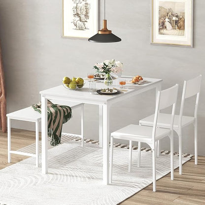 soges 4 Pieces Dining Table Set, 43.3 inch Kitchen Table Set for 4, Dining Set with 2 Chairs and Bench with Storage Rack, Nesting Furniture Set for Dining Room, Kitchen, Restaurant, White