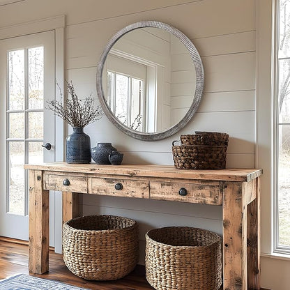 35" Round Wood Mirror, Large Wooden Round Mirror, Wood Round Mirrors for Wall Decor, Rustic Circle Wall Mirrors for Entryway, Living Room, White Washed Frame