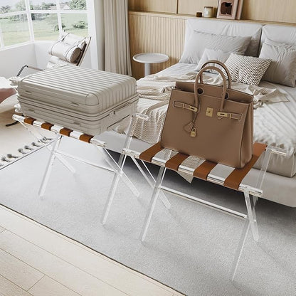 Sumerflos Acrylic Luggage Rack for Guest Room - Foldable Suitcase Stand with Leather Straps for Bedroom Living Room Hotel Heavy-Duty, Holds up to 50-100 lb lightweight Space Saving (Brown & Handle - 2 Pcs)