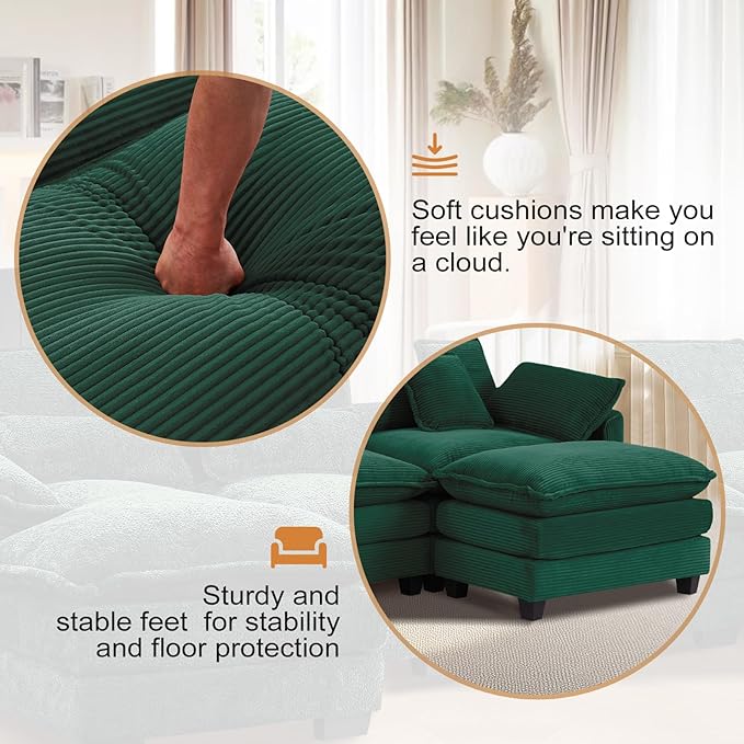 Furniliving 117‘’ L-Shaped Sofa, Luxury Corduroy Modular Sectional Couches with Ottoman, Upholstered Deep Seat Sleeper Sofa with Memory Foam and Waist Pillows, Green