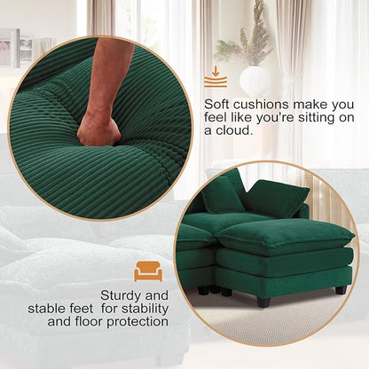 Furniliving 117‘’ L-Shaped Sofa, Luxury Corduroy Modular Sectional Couches with Ottoman, Upholstered Deep Seat Sleeper Sofa with Memory Foam and Waist Pillows, Green