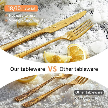 KINGSTONE Silverware Set for 12, 60-Piece Forged 18/10 Stainless Steel Flatware Set, Mirror Finish Cutlery Set Dishwasher Safe for Home, Restaurant, Wedding, Party, Gold