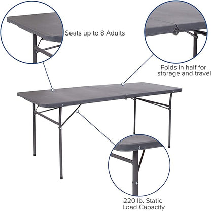 Flash Furniture 6' Rectangular Plastic Folding Event Table with Carrying Handle, Bi-Fold Portable Banquet Table for Indoor/Outdoor Events, Dark Gray