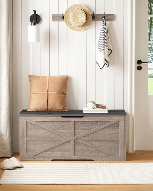 Storage Chest, 43.3" Wooden Storage Trunk, Retro Storage Bench with Safety Hinge, Toy Box, Farmhouse Style, for Bedroom, Living Room, Charcoal Gray and Greige MCW11HC