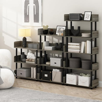 Furinno Turn-N-Tube 4-Tier Multipurposes Display Rack, Open Shelf Rack/Storage with Back & Side Panel, French Oak/Black