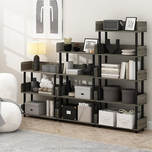 Furinno Turn-N-Tube 4-Tier Multipurposes Display Rack, Open Shelf Rack/Storage with Back & Side Panel, French Oak/Black