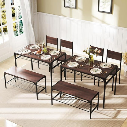 Giantex Dining Table Set for 4, Kitchen Table with Chairs & Bench, Storage Racks, Metal Frame, 4-Piece Space-Saving Dinette Set for Dining Room, Breakfast Nook, Small Space, Apartment, Walnut