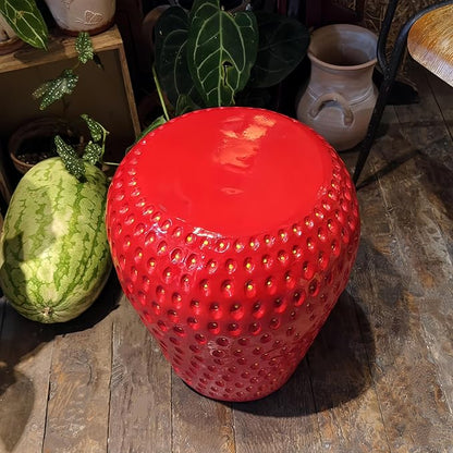 18" Red Strawberry Stool Statue Fruit-Inspired Side Table Indoor Outdoor Accent Seat Plant Stand MGO Garden Stool for Patio Balcony or Living Room Decor