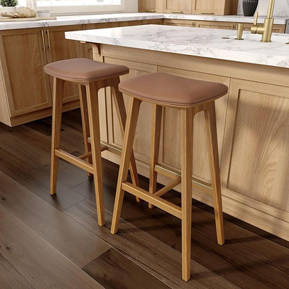 Plank+Beam Beryl Bar Height Stool - Mid-Century Modern Rubberwood Bar Stool with Faux Leather Seat, Metal Footrest, Easy Assembly, Pecan/Toffee