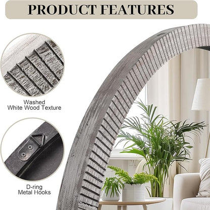 35" Round Wood Mirror, Large Wooden Round Mirror, Wood Round Mirrors for Wall Decor, Rustic Circle Wall Mirrors for Entryway, Living Room, White Washed Frame