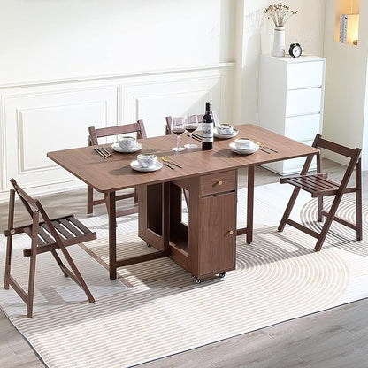 Walnut Drop Leaf Folding Dining Table with 2 Drawers and 4 Wheels, Wooden Padded Chairs Set of 2, Space Saving Dining Table with 2 Chairs