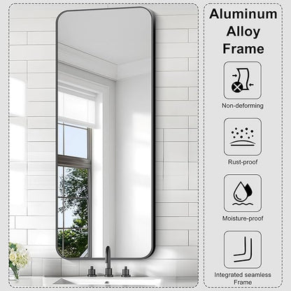KOCUUY Black Rectangle Mirror, 20" x 48" Metal Frame Mirror with Rounded Corner, Classic Design of Upgraded Shatterproof Glass for Bathroom, Bedroom, Living Room, Entryway