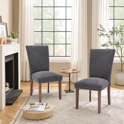 Parsons Dining Chairs Set of 2, Upholstered Nailhead Dining Room Kitchen Side Chair with Thick Cushions and Wood Legs, Dark Grey