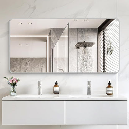 30x60 Inch Silver Bathroom Mirror, Large Rectangular Vanity Mirror, Metal Framed Rectangle Mirror, Rounded Corner Wall Mounted Mirrors for Living Room Bedroom Entryway Horizontal or Vertical