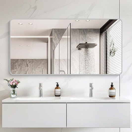 30x60 Inch Silver Bathroom Mirror, Large Rectangular Vanity Mirror, Metal Framed Rectangle Mirror, Rounded Corner Wall Mounted Mirrors for Living Room Bedroom Entryway Horizontal or Vertical