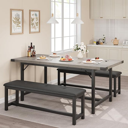 Dining Table Set for 4-6, 63“ Large Extendable Kitchen Table Set, Wood Rectangle Kitchen Table with 2 Soft Benches for Small Space, Apartment, DinnerSaving Space, Grey