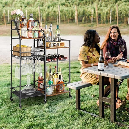 VINAEMO Rolling Bar Cart with Wine Glass Holder, Mini Bar for Whiskey Wine, Liquor Cart for Home, Alcohol Cabinet for Kitchen, Dining Room