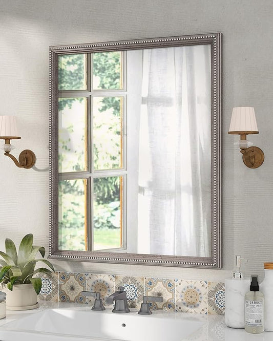 Axeman 30x36 Wood Wall Mirror, Rustic Bathroom Mirror, Vintage Wall Mounted Mirror Tempered Glass with Beaded Wooden Frame for Farmhouse Living Room Vanity Bedroom Entryway, Grey