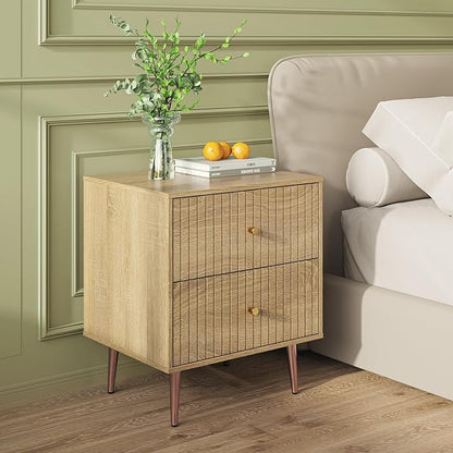 Wood Night Stand Set 2,Modern Bedside Table with Door and Open Storage Space,Fluted Nightstand and Wood End Side Table with Rose Gold Metal Legs and Handles for Bedroom,Living Room,Natural