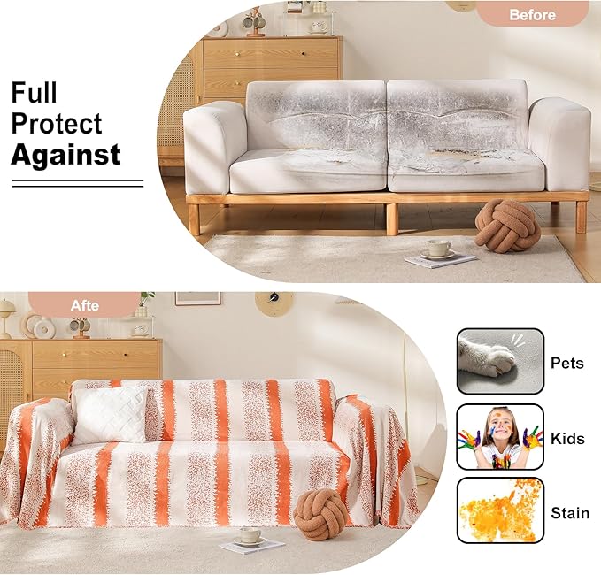 Boho Sofa Cover, Couch Covers for 3 Cushion Couch Sofa Pet Friendly, Sofa Cover Washable, Soft Chenille Living Room Couch Covers Slipcover, Pet Furniture Protecto (1# Orange, 71" x 134")
