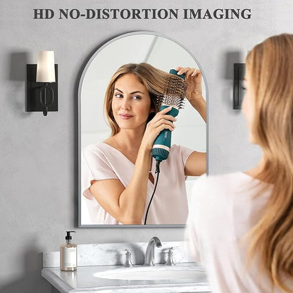 20" x 30" Silver Arched Mirror, Modern Aluminum Alloy Metal Frame, Arch Bathroom Vanity and Wall Decor Mirror for Bathroom, Living Room, Bedroom, Entryway