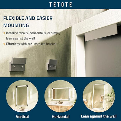 TETOTE 40 x 30 White Wood Framed Mirror for Bathroom Wall/Bedroom/Living Room/Entryway Farmhouse Rustic Bathroom Vanity Mirror Waterproof (Horizontal/Vertical Mounted)