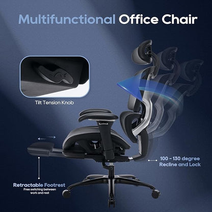 COLAMY Ergonomic Mesh Office Chair with Footrest, Executive High Back Computer Desk Chair with Wide Headrest and Adjustable 3D Arms, Backrest Height, Tilt Lock and Lumbar Support, Black