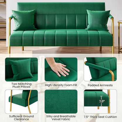 Yaheetech 56.5" W Modern Sofa Small Sofa Luxurious Velvet Fabric Couch with Gold-Tone Metal Arms and Legs for Living Room, Home Office, Studio Green