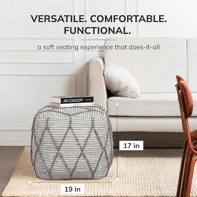 Anji Mountain 100% Handmade & Handcrafted Comfortable Home Décor Pouf Ottoman Footrest for Living Room, Bedroom, Nursery, Kidsroom, Patio Furniture - (19" x 19" x 17"- Warm Gray)