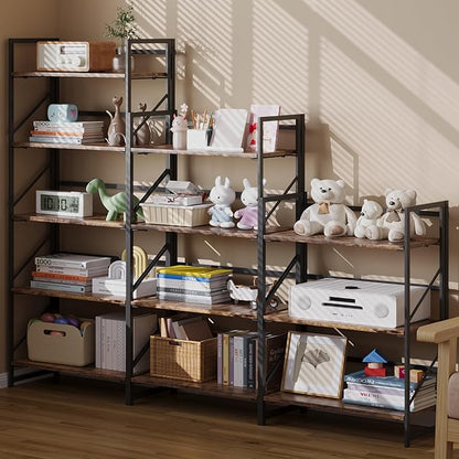 JSB No Assembly Folding Bookshelf, 3 Tier Industrial Metal Book Shelf for Storage, Vintage Wood Foldable Bookcase for Living Room, Bedroom, Office Organization Shelves