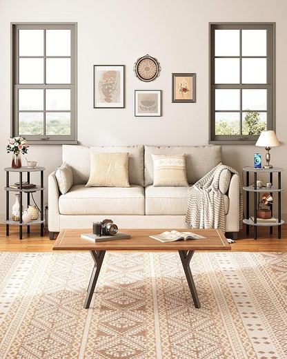 Small Round Side Table with Charging Station, Round End Accent Table, 3-Tier Sofa Side Table for Small Spaces, Nightstand for Living Room, Bedroom, Greige and Black TBZ06UFH