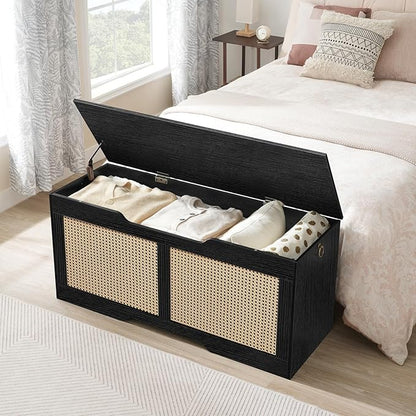 HOOBRO Storage Bench, 43.3" Toy Box, Rattan-Like Storage Chest, Sturdy Entryway Bench Supports 220 lb, Toy Chest, Safety Hinge, U-Shaped Opening, Easy Assembly, Black BB22CW01