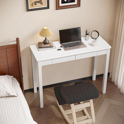 Solid Wood Desk with Drawers - 39 x 16 Inch Narrow Desks, Mid Century Modern Desks, Rubber Wood Study Table, Small Writing Desk for Small Spaces|Bedroom - White