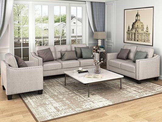 3 Pieses Living Room Sofa Sets Linen Blend Button Tufted Retro Sofa&Couch Include 3 Seaters Couch, Loveseat and Armchair with Waved Armrests and Nailhead Decor for Home Apartment Office
