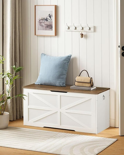 Storage Chest, 39.4" Wooden Storage Trunk, Modern Storage Bench with Safety Hinge, Toy Box, Farmhouse Style, for Bedroom, Living Room, Walnut and White MCW10WL