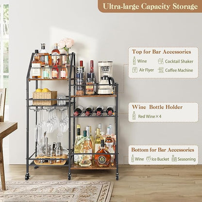VINAEMO Rolling Bar Cart with Wine Glass Holder, Mini Bar for Whiskey Wine, Liquor Cart for Home, Alcohol Cabinet for Kitchen, Dining Room