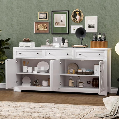 66'' Farmhouse Sideboard Buffet Cabinet with Storage, Large Kitchen Storage Cabinet with Barn Doors Drawers, White Coffee Bar Table for Dining Room Kitchen