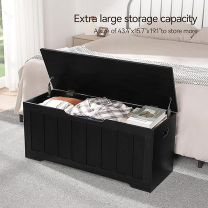43.3" Storage Chest Extra Large,Storage Trunk with 2 Safety Hinges,Wooden Storage Bench,Shoe Bench,43.3x15.7x19.1 Inch,Easy Assembly,Storage Bench for Bedroom,Living Room,entryway(Black).