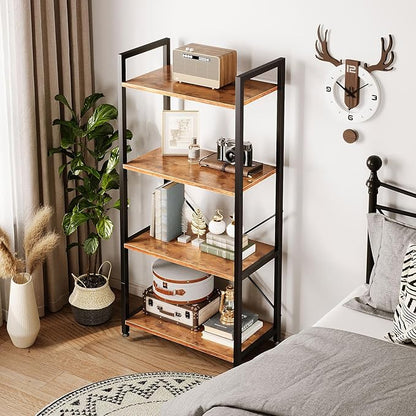 Casaottima Book Shelf, 4 Tier Bookshelf, Modern Wood Bookcase Shelves for Bedroom, Industrial Display Shelf for Living Room Home Office Kitchen, Standing Shelving Unit Storage Organizer, Vintage