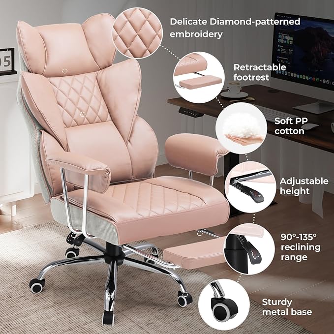 COMHOMA Big and Tall Office Chair, High Back Leather Gaming Chair with Footrest, Executive Ergonomic Office Chairs with Pocket Spring Lumbar Support and with Outward Fixed Soft Armrests
