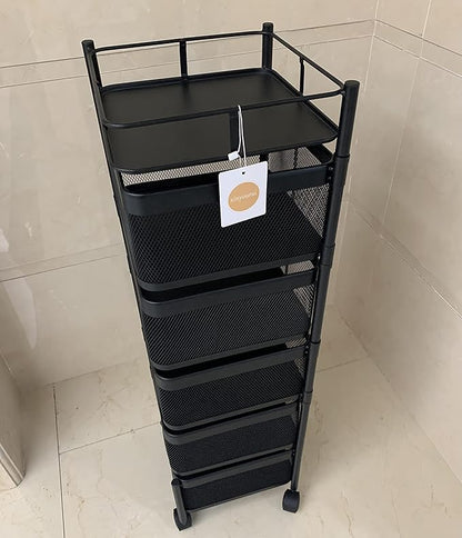 Fruit and Vegetable Basket for Kitchen No Assembly， Rotating Storage Rack,Bathroom Storage Shelf, Kitchen Organizers and Storage Cart on Rolling Wheels(Black, 5 Tier-Square)