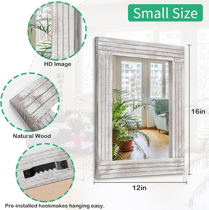 Mirrors for Wall Rustic Wooden Frame Rectangle Mirror Vintage Hanging Mirror for Bedroom Bathroom Living Room Farmhouse Wall Decor White Small 16" x 12 "