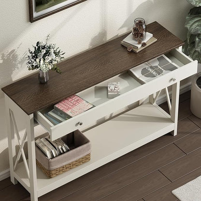 Treocho 47" Farmhouse Console Table with Drawer and Storage Shelves, Foyer Sofa Table Narrow for Entryway, Living Room, Hallway, Soft White