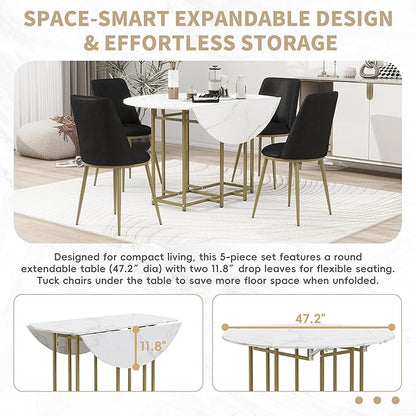 Merax 47.2” Round Dining Table Set for 4, Foldable Kitchen Dining Table with 11.8” Drop Leaves, Faux Marble Top with Golden Frame, 4 Upholstered Chairs (White+Black)