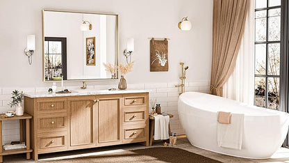 Keonjinn Brushed Gold Bathroom Mirror 42 x 36 Inch Metal Frame Rectangular Large Wall Mirror for Bathroom Sink Gold Vanity Mirror for Over Sink Aluminum Alloy Rectangle Mirror(Horizontal/Vertical)
