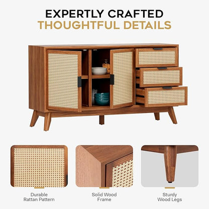 Bme Rattan Pre-Assembled Buffet Sideboard with 3 Drawers & 2 Doors, 58" Accent Console Table Living Room, Kitchen, Dining, Dark Chocolate, Jasper Storage Cabinet